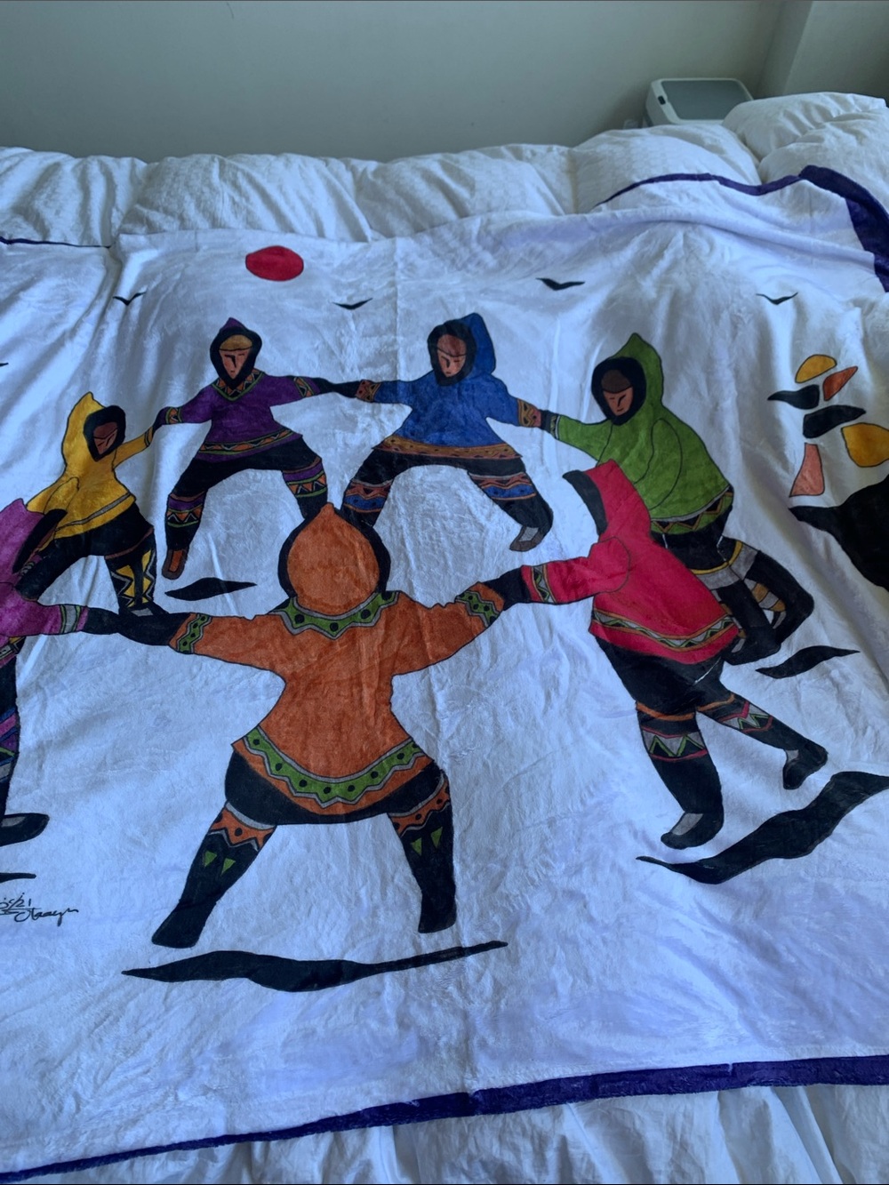 White Bedding Throw with Colorful Inuit Dance Print